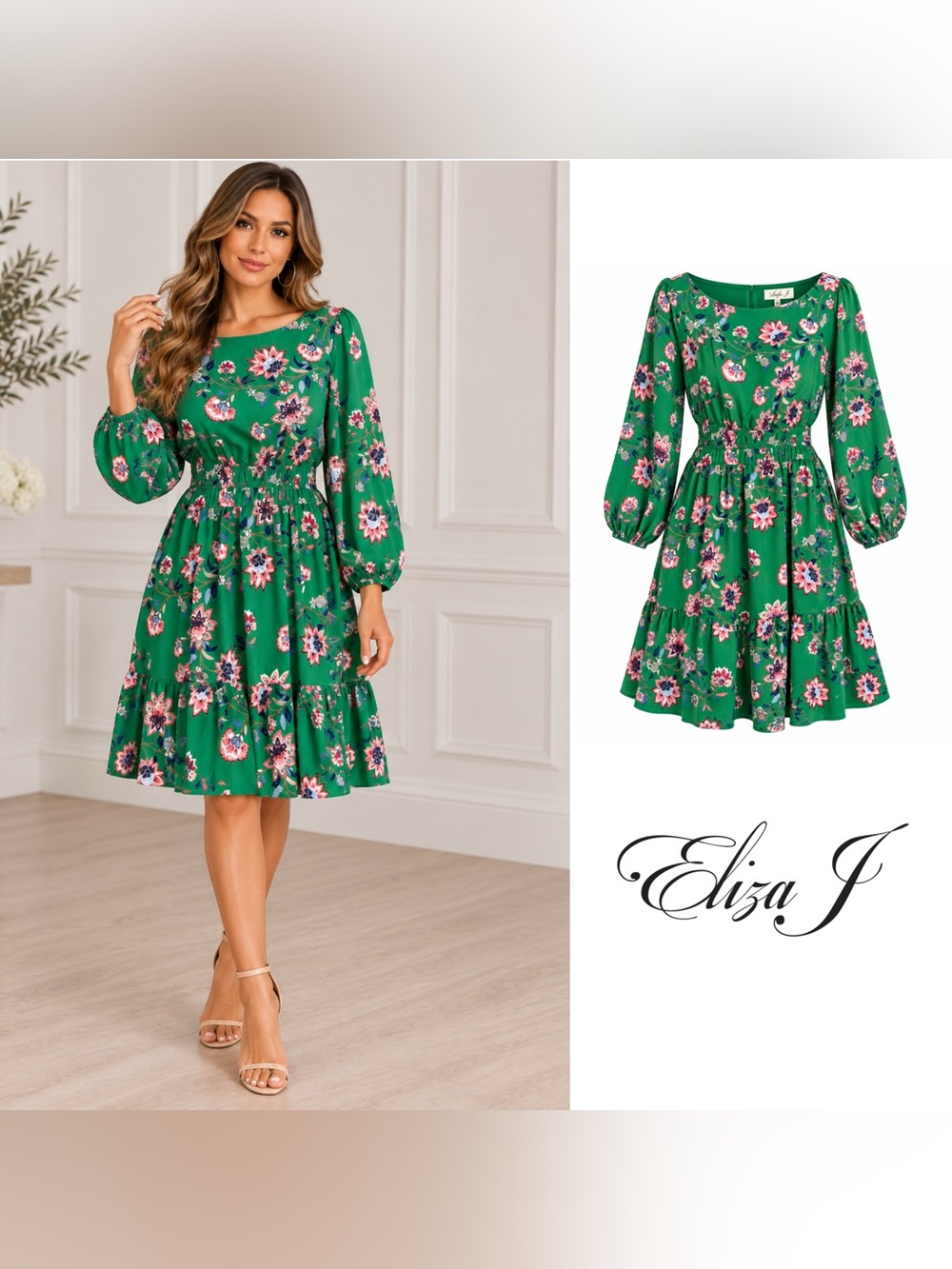 NEW Eliza J Green Floral Long-Sleeve Tiered Dress with Pink & Navy Accents
